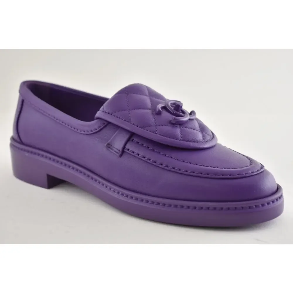 Chanel 24C Purple Leather Quilted Flap Turnlock CC Logo Moccasin Flat Loafer 36